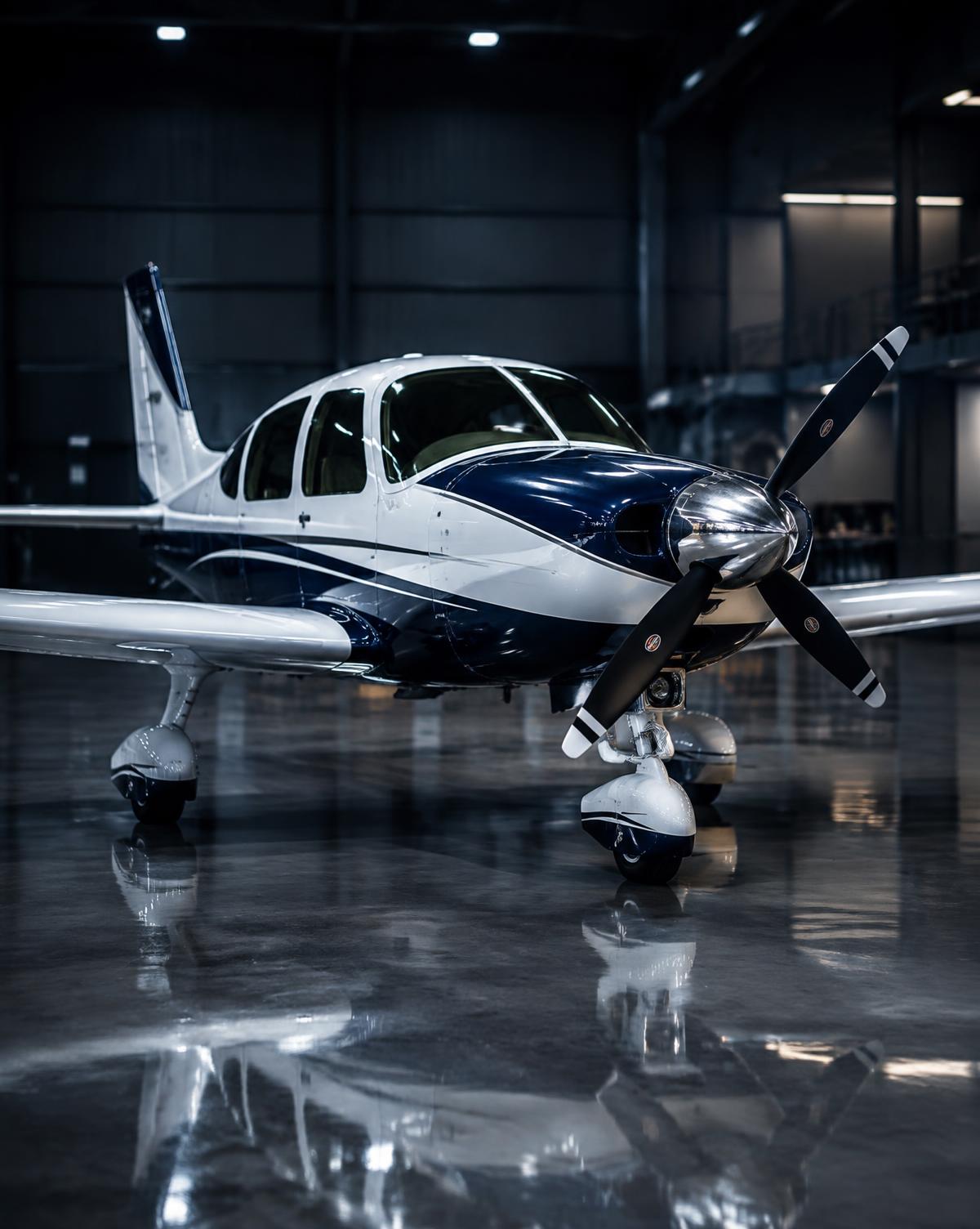 A polished private light aircraft under hangar lights